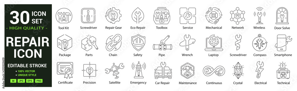 Obraz premium Repair line icon set. Including editable outline tool, wrench, toolbox, engineering, technician, mechanical, electrical, car repair and more collection. Editable stroke. Vector illustration.