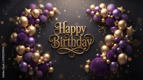 Elegant Happy Birthday Card with Purple and Gold Balloons