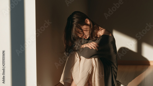Young woman hugging her knees while sitting in a quiet corner of the room, , young man crying, woman sitting in the dark room, burnout, photo style