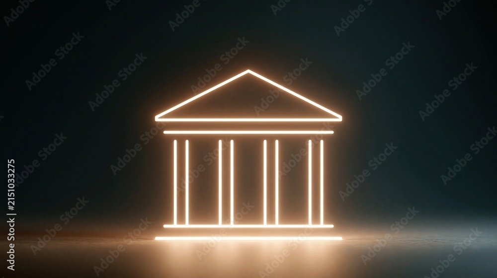 Fototapeta premium Glowing Neon Outline of a Classic Greek Building Facade on a Dark Reflective Surface