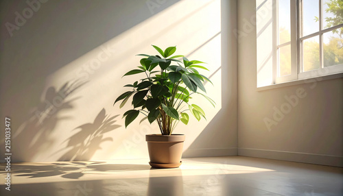 Green Houseplant with Sunlit Window Shadows