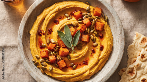 Creamy roasted pumpkin hummus dip topped with roasted squash cubes pumpkin seeds sage and chili oil served with flatbread in stone bowl