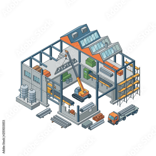 Industrial factory building with crane and truck isometric view.
