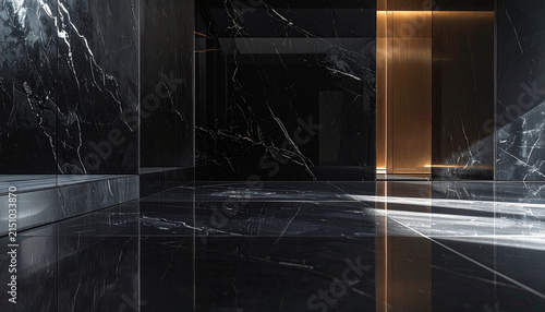 Luxury Black Marble Hall with Golden Light