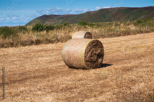 Two round hay bales rest in a dry summer field, with rolling Welsh hills and green vegetation forming a peaceful rural landscape beneath a clear blue sky.