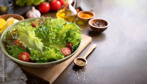 fresh salad greens of lettuce with spices and fresh vegetables vegetarian and healthily cooking concept copy space selective focus