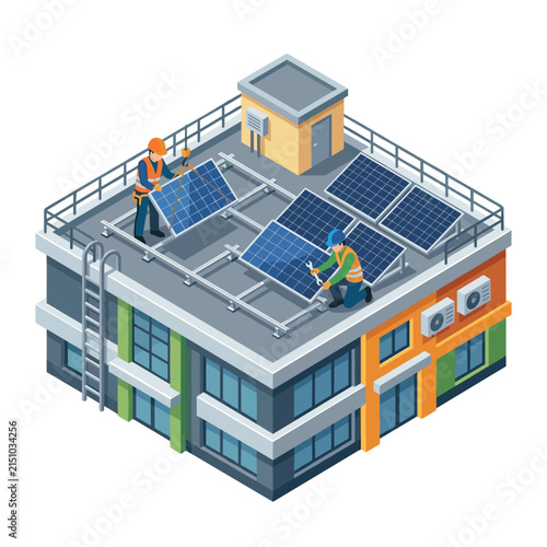 Workers installing solar panels on a modern building rooftop 1.