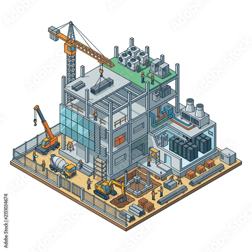 Modern industrial building construction site with cranes and machinery.