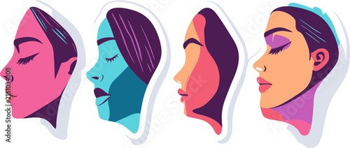 3D female facial profiles with vibrant gradient makeup and abstract color blocks for beauty design