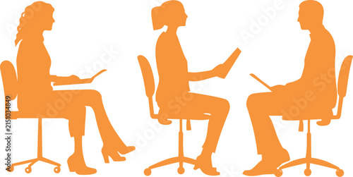 Orange silhouettes of business people sitting in office chairs having a team meeting.