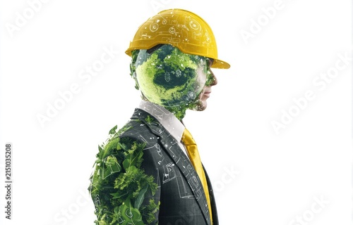Man in Suit with Yellow Hard Hat Green Earth Represents Eco Friendly Business