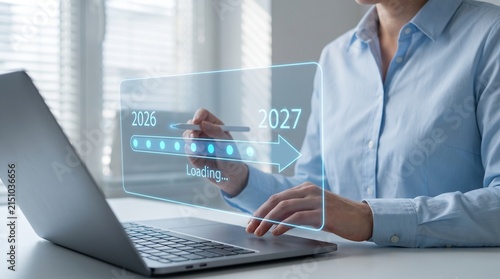 Fotografie Business professional analyzing futuristic AI roadmap on laptop with digital tim