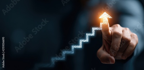 Man Points to Glowing Arrow Symbol Representing Business Growth and Career Success
