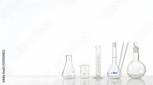 Assorted laboratory glassware arranged on a clean white background