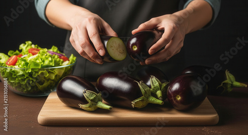 Fresh Eggplants Being Prepared For A Healthy Salad Dish