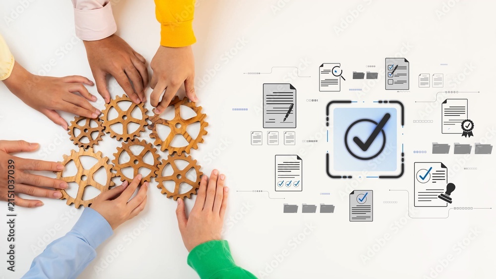 Obraz premium Collaborative Hands Working Together with Gears and Digital Checkmarks on a Light Background for Teamwork and Efficiency Concepts Sigmoid
