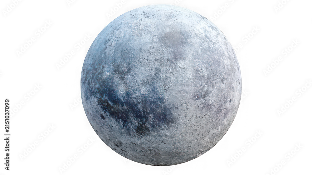 Obraz premium Moon sphere model sits isolated against a clean white background, presenting a high-resolution detailed texture of craters and lunar terrain for educational or astronomical graphic projects.