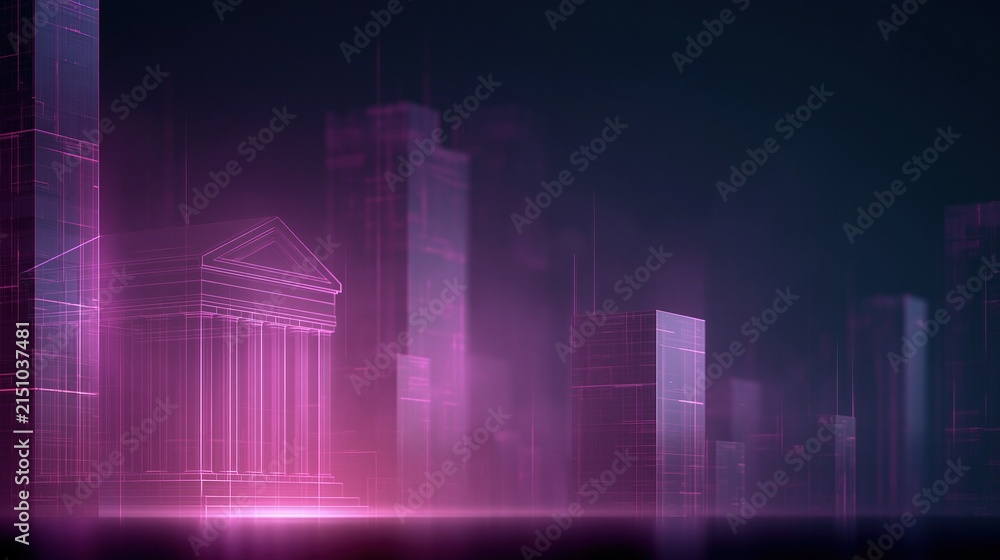 Fototapeta premium Futuristic cityscape featuring glowing purple and pink wireframe buildings against a dark background with a classical temple structure prominently displayed in the foreground