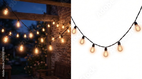 Cuadro en lienzo String lights overlay and cutout, glowing Edison bulbs for festive outdoor party decor