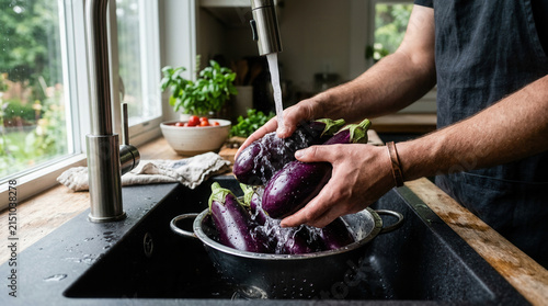 Fresh Eggplants Being Washed In Kitchen Sink Preparations For Cooking And Healthy Eating