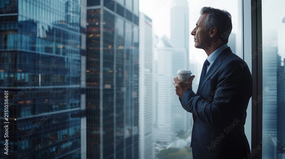 Fototapeta premium Professional man in a tailored suit gazes out through a floor-to-ceiling office window at the dense glass-clad skyscrapers of a modern financial district while holding a disposable coffee container.