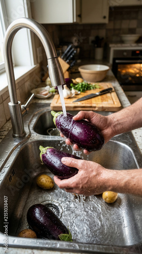 Fresh Eggplants Being Washed Under Running Water In A Kitchen Sink