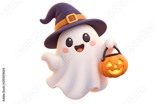 3D Cute Ghost Holding Candy Bucket Illustration on Transparent Background