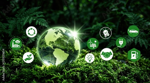 Sustainable technology, green business, environmental innovation concept with globe and eco icons in forest.