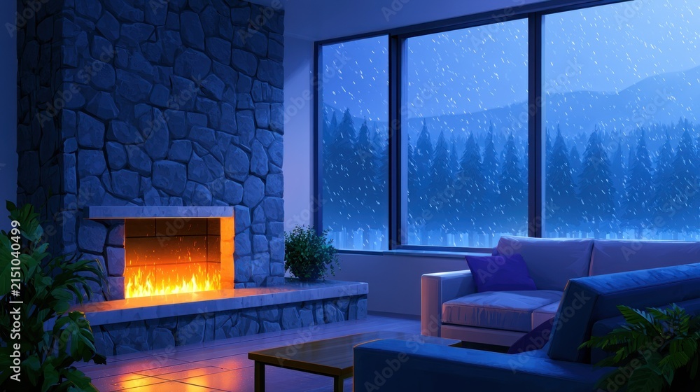 Obraz premium Cozy room with stone fireplace, couch, large window; snow outside under a serene night sky
