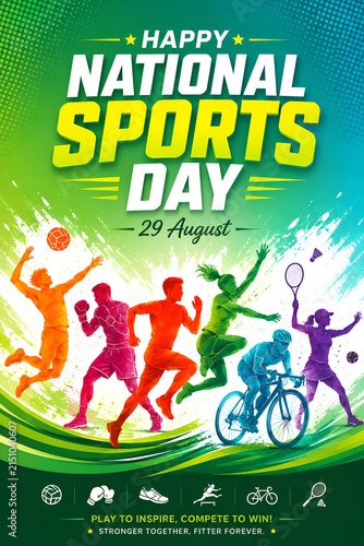 Poster design of a energetic National Sports Day celebration, vertical layout, bold centered headline reading HAPPY NATIONAL SPORTS DAY