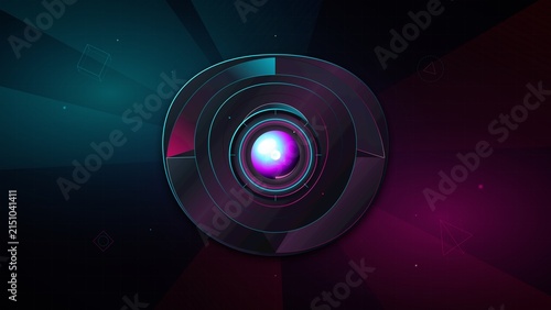 Abstract futuristic digital eye lens glowing with neon blue and purple light