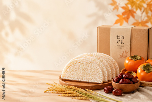 Half-moon rice cakes, persimmons, dried jujubes and rice stalks on light wooden surface.