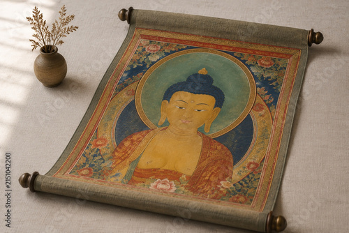 Thangka scroll curved on linen cloth, hand-painted Buddha face with mineral pigments, sacred art and mindfulness display concept