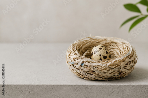Minimalist nest made from recycled paper fiber holding quail egg, sustainable and fragile nature concept.
