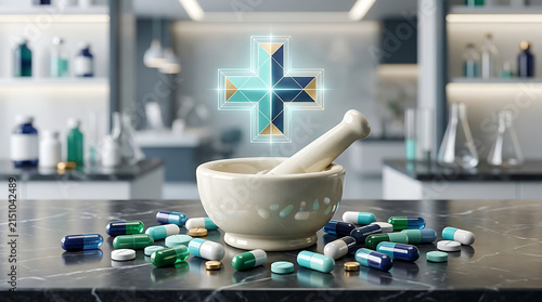 Modern Pharmacy Mortar With Colorful Medication Pills
