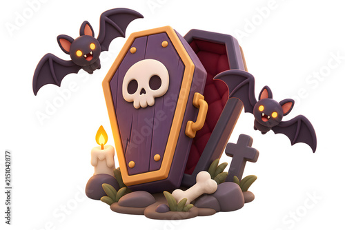 3D Coffin with Bats Illustration on Transparent Background