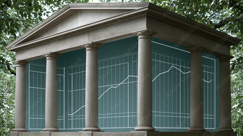 Fototapeta premium Classical Greek Temple Structure Symbolizing Financial Growth and Economic Stability Amidst Nature
