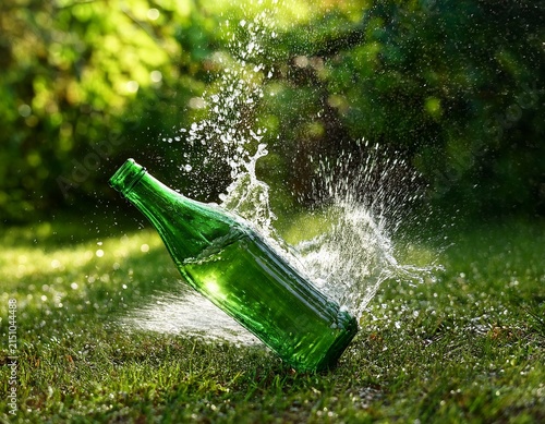 tilted green bottle with intense water splash in a lush green garden