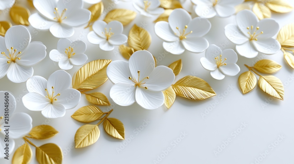 Fototapeta premium Elegant white and gold flowers with intricate petals and metallic leaves on a soft background