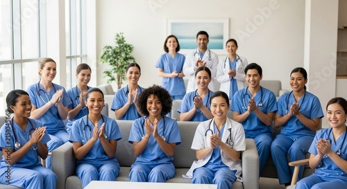 Naklejka A Diverse Medical Team Applauds Together in a Moment of Shared Success and Joyful Recognition.