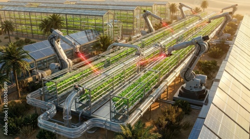 Automated vertical indoor farm with robotic harvesting arms.