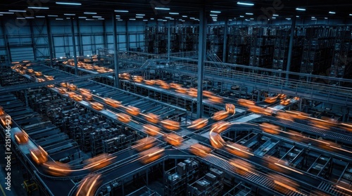 Automated warehouse with light trails of moving robots.