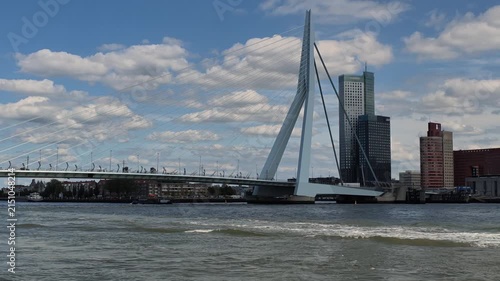 Gimbal Dolly View of Erasmus Bridge from Boat on River Maas