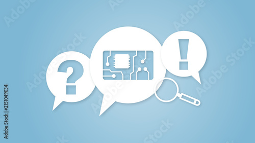 Digital technology problem concept with question mark, circuit board, exclamation mark, and magnifying glass symbolising troubleshooting, search, and IT support issues.