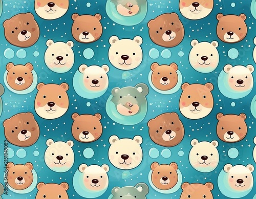 cute bear heads pattern on light blue background with bubbles