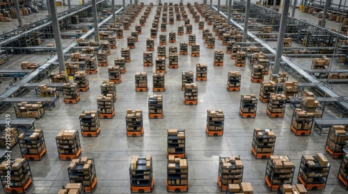 Autonomous warehouse robots moving inventory shelves.