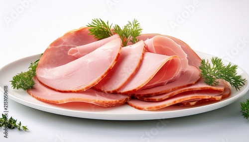 slices of savory ham on a white plate with white background