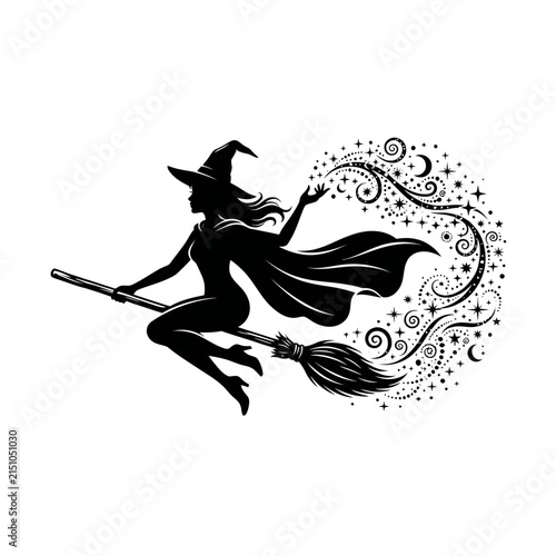 Witch silhouette on broomstick with magical swirls and stars. Halloween vector design. Silhouette of sorceress flying with magical trail decoration. isolated on White Background Halloween