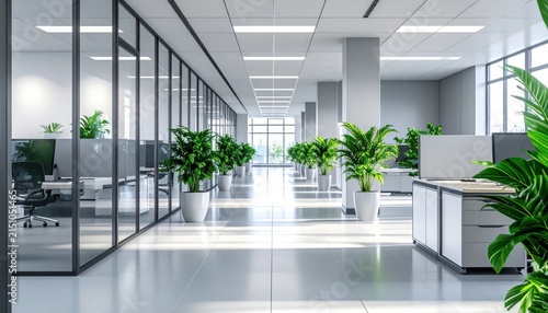 Bright, Modern Office Interior with Glass Walls, Desks, Computers, and Lush Green Plants in White Pots, Natural Light