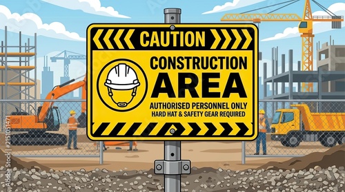 Caution Construction Area sign with heavy machinery and workers at a building site.
